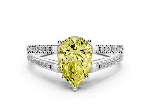 Fancy Yellow Pear Cut Diamond Solitaire Engagement Ring with Split Shank Pavé Band White gold
