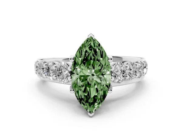 Fancy Green Marquise Cut Diamond Engagement Ring with Pavé Band and Four-Prong Setting White gold