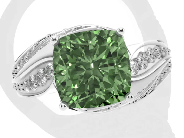 Fancy Green Cushion Cut Diamond Solitaire Ring with Prong Setting and Twisted Pavé Band Platinum