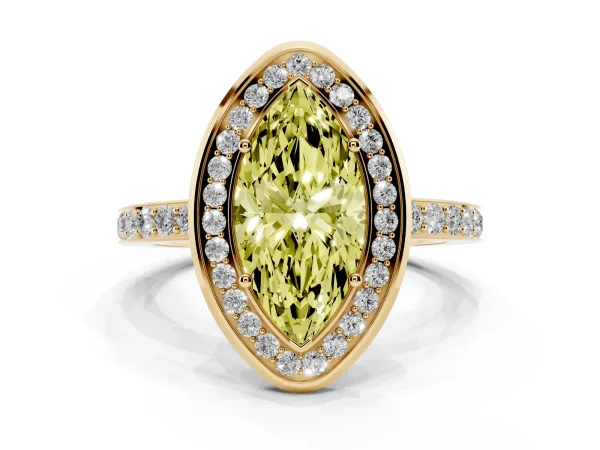 Fancy Yellow Marquise Cut Diamond Halo Ring with Bezel Frame and Pavé Band Yellow gold