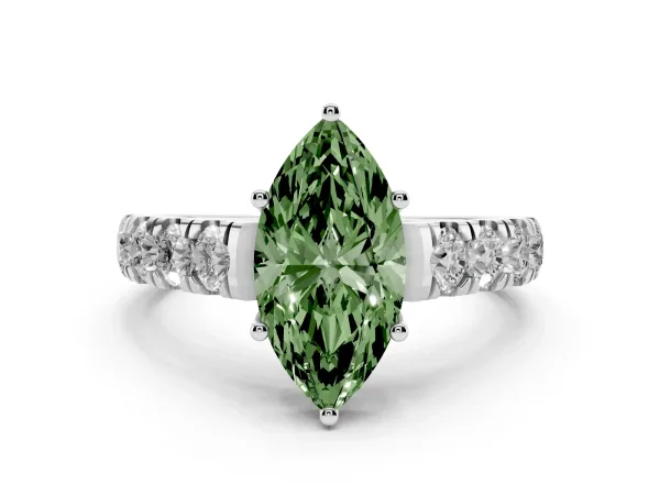 Fancy Green Marquise Cut Cut Diamond Solitaire Ring with Micro Pave Band and Prong Setting Platinum