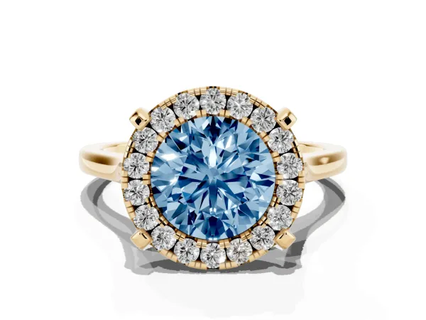 Fancy Blue Round Cut Diamond Cluster Halo Solitaire with Four-Prong Setting Yellow gold