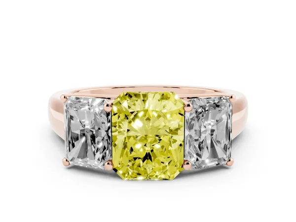 Fancy Yellow Radiant Cut Three-Stone Diamond Ring with Prong Setting on a Classic Band Rose gold