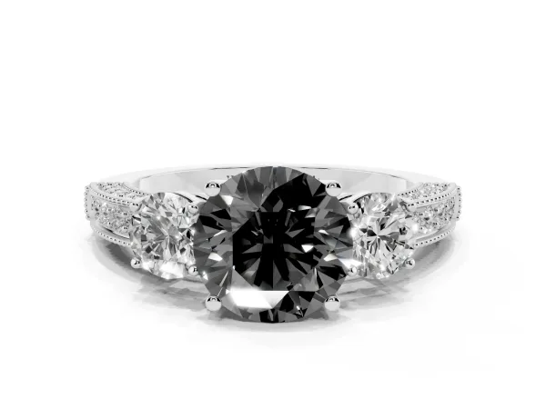 Fancy Black Round Cut Three-Stone Diamond Ring with Pavé Band and Four-Prong Setting Platinum