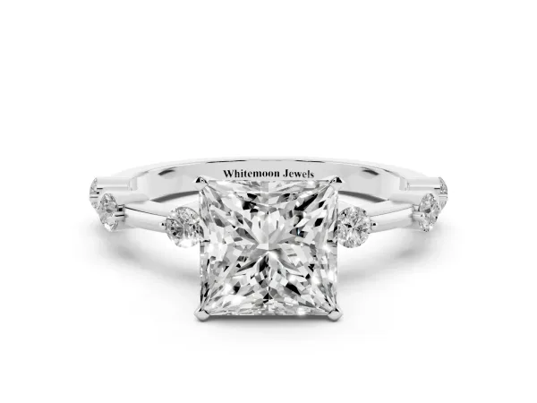 Princess Cut Solitaire Diamond Ring with Bezel Set Side Stones and Prong Setting White gold
