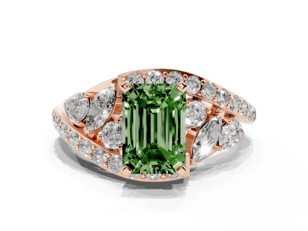 Fancy Green Emerald Cut Diamond Halo Ring with Marquise and Pavé Band in Prong Setting Rose gold