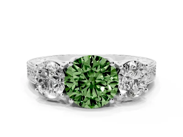 Fancy Green Three-Stone Round Cut Cut Milgrain Pavé Engagement Ring White gold
