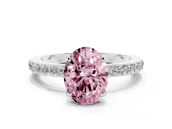 Fancy Pink Oval Cut Diamond Pavé Engagement Ring with Round Accents and Prong Setting White gold