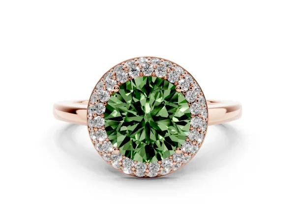 Fancy Green Round Cut Halo Diamond Engagement Ring with Solitaire Band and Four-Prong Setting Rose gold