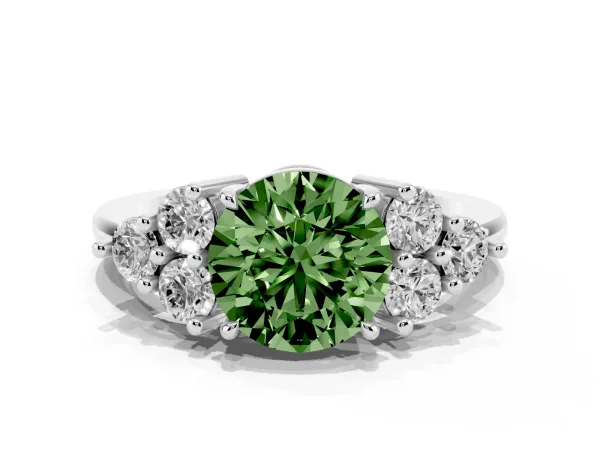Fancy Green Round Cut Brilliant Diamond Cluster Accent Solitaire Ring with Prong Setting Platinum