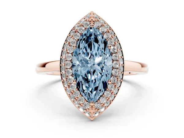Fancy Blue Marquise Cut Halo Diamond Engagement Ring with Solitaire Band and Four-Prong Setting Rose gold