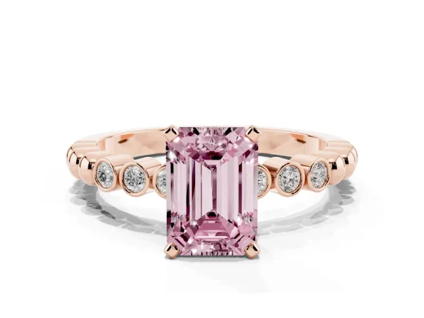 Fancy Pink Emerald Cut Solitaire Bezel Accent Diamond Engagement Ring with Beaded Band and Four-Prong Setting Rose gold