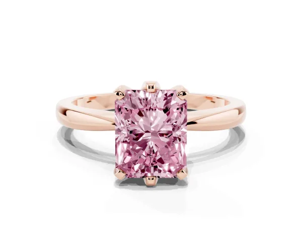 Fancy Pink Radiant Cut Solitaire Engagement Ring with Six-Prong Setting and Tapered Band Rose gold