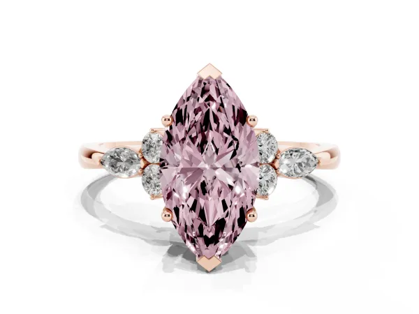 Fancy Pink Marquise Cut Brilliant Diamond Solitaire Ring with Pear Side Stones and Four-Prong Setting Rose gold