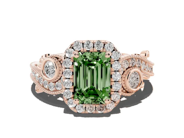 Fancy Green Emerald Cut Diamond Halo Ring with Milgrain Pavé Band and Four-Prong Setting Rose gold