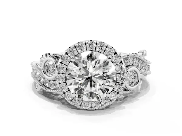 Round Cut Halo Diamond Ring with Milgrain and Bezel Accents on a Split Shank Band Platinum