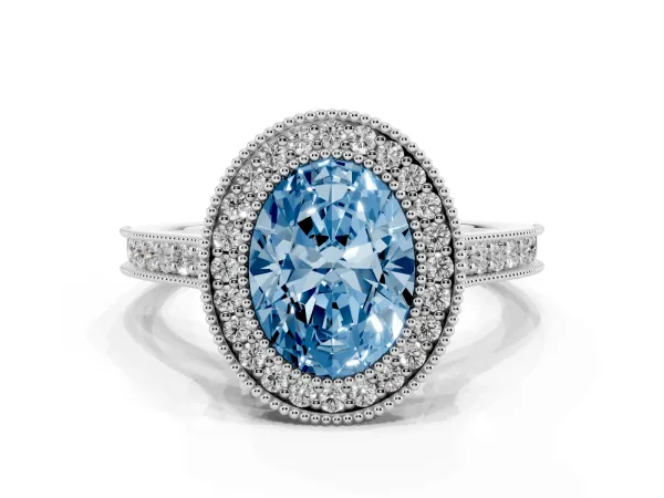 Fancy Blue Halo Oval Cut-Cut Diamond Pave Band Milgrain Prong Setting Ring Platinum