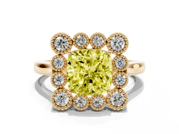 Fancy Yellow Cushion Cut Halo Diamond Cluster Engagement Ring with Milgrain Bezel Setting and Solitaire Band Yellow gold