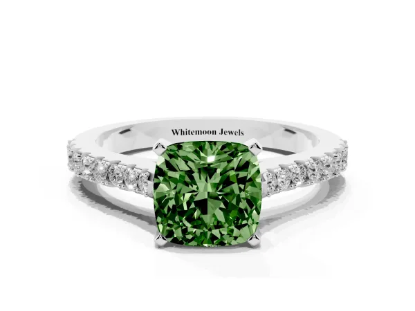 Fancy Green Cushion Cut Cut Solitaire Diamond Engagement Ring with Pave Band and Four-Prong Setting Platinum
