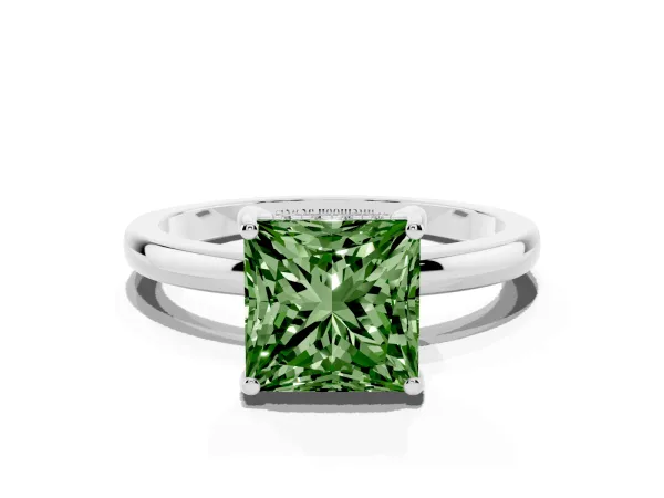 Fancy Green Princess Cut Solitaire Diamond Ring with Prong Setting and Plain Band White gold