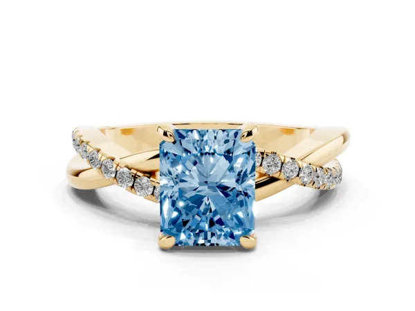 Fancy Blue Radiant Cut Cut Diamond Twist Band Solitaire with Prong Setting Yellow gold