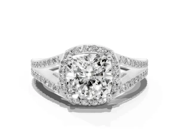 Cushion Cut Halo Split Shank Pave Diamond Ring with Four-Prong Setting Platinum