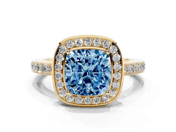 Fancy Blue Cushion Cut Diamond Halo Ring with Bezel Frame and Pavé Band Yellow gold
