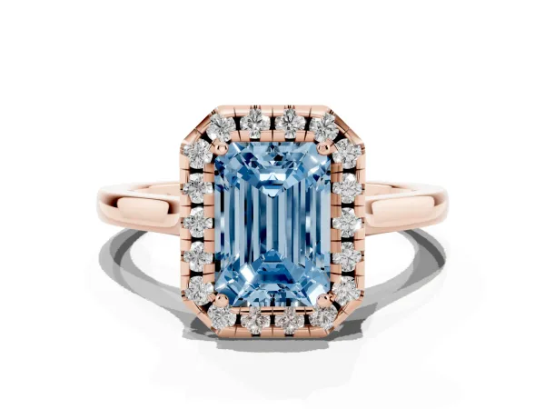 Fancy Blue Emerald Cut Halo Round Diamond Solitaire Ring with Pavé Band and Four-Prong Setting Rose gold