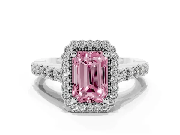 Fancy Pink Radiant Cut Cut Halo Pavé Solitaire Ring with Milgrain Band White gold