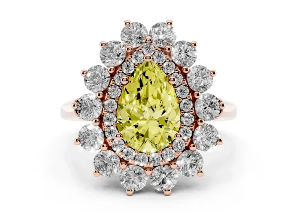 Fancy Yellow Pear Cut Diamond Floral Double Halo Engagement Ring with Prong Setting Rose gold