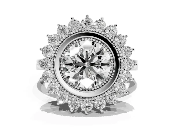 Round Cut Halo Diamond Ring with Milgrain Edge and Round Prong Setting Platinum