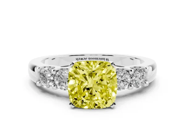 Fancy Yellow Cushion Cut Brilliant Cut Diamond Five-Stone Prong Set Engagement Ring with Channel Band White gold