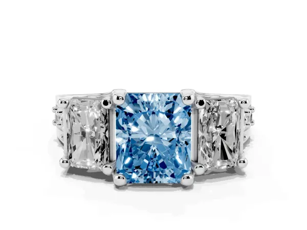 Fancy Blue Radiant Cut Diamond Three-Stone Ring with Channel Set Band and Four-Prong Setting White gold