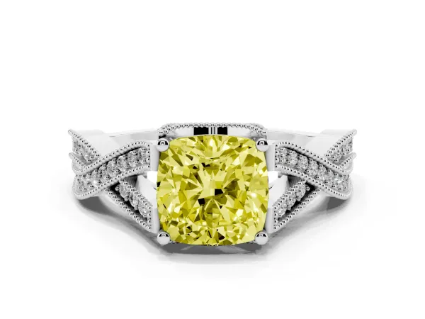 Fancy Yellow Cushion Cut Cut Diamond Twisted Band with Milgrain Pave Setting and Four-Prong Setting Platinum