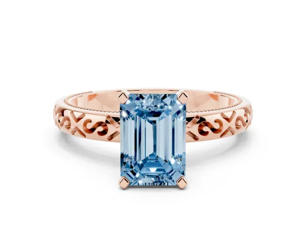 Fancy Blue Emerald Cut Solitaire Engagement Ring with Scrollwork Band and Four-Prong Setting Rose gold