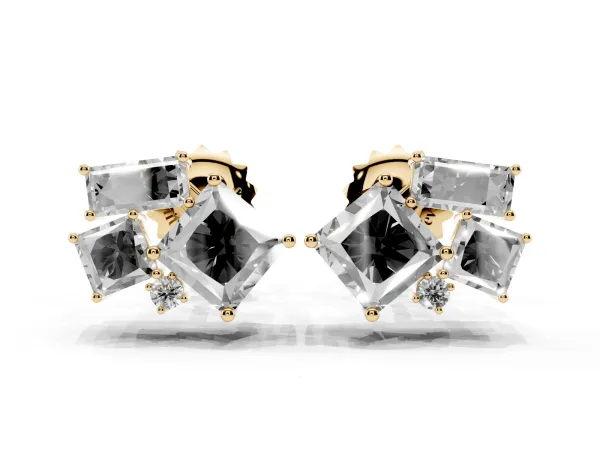 Baguette and Princess Diamond Mosaic Abstract Stud Earrings Yellow gold