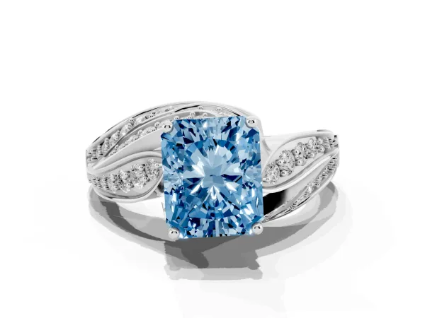 Fancy Blue Radiant Cut Diamond Solitaire Ring with Prong Setting and Twisted Pavé Band White gold