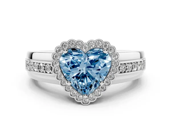 Fancy Blue Heart Cut Cut Halo Pave Band Four-Prong Ring White gold