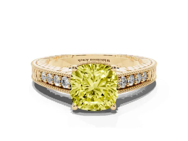 Fancy Yellow Cushion Cut Solitaire Pavé Diamond Milgrain Engagement Ring with Four-Prong Setting Yellow gold