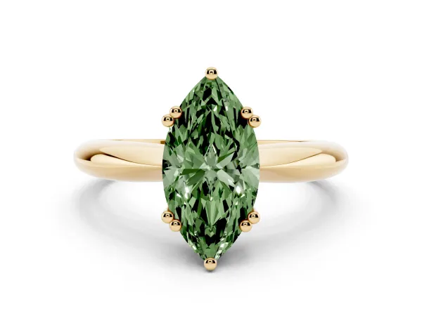 Fancy Green Marquise Cut Cut Solitaire Engagement Ring with Tapered Band and Four-Prong Setting Yellow gold