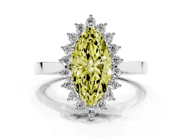 Fancy Yellow Marquise Cut Cut Diamond Halo Ring with Round Brilliant Halo and Solitaire Band Platinum