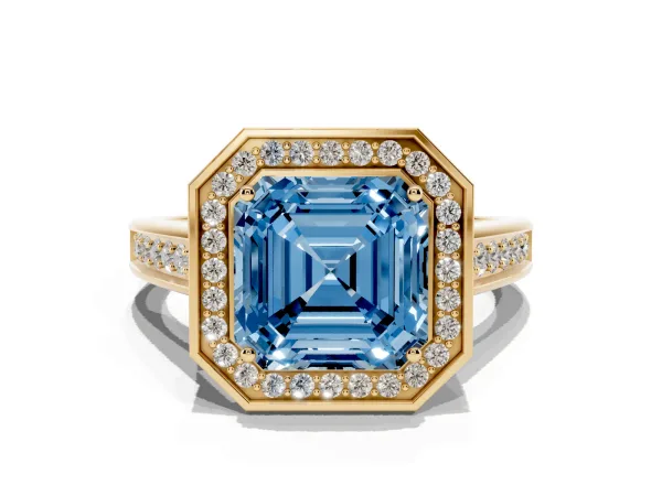 Fancy Blue Asscher Cut Halo Solitaire Diamond Ring with Pave Band and Bezel Setting Yellow gold