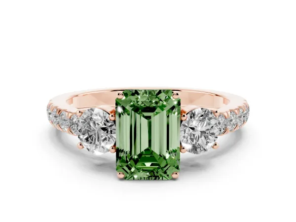 Fancy Green Emerald Cut Cut Diamond Three-Stone Ring with Round Side Stones and Pavé Band Rose gold