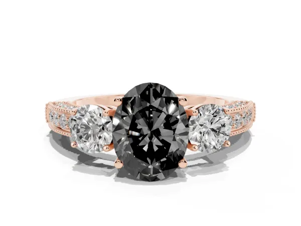 Fancy Black Oval Cut Three-Stone Diamond Ring with Pavé Band and Four-Prong Setting Rose gold