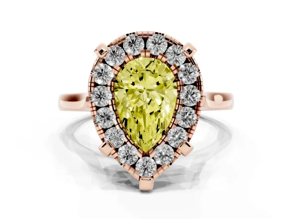 Fancy Yellow Pear Cut Diamond Cluster Halo Solitaire with Four-Prong Setting Rose gold