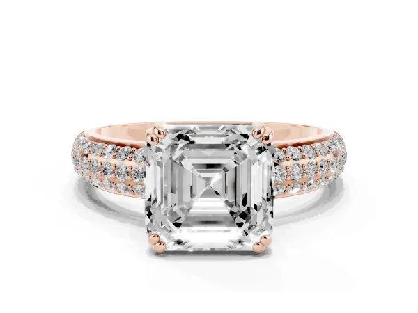 Asscher Cut Diamond Solitaire Ring with Multi-Row Round Pavé Band and Prong Setting Rose gold