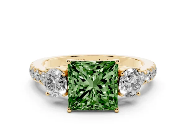 Fancy Green Princess Cut Cut Diamond Three-Stone Ring with Round Side Stones and Pavé Band Yellow gold