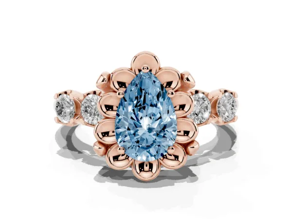 Fancy Blue Pear Cut Cut Diamond Floral Halo Engagement Ring with Shared Prong Setting Rose gold
