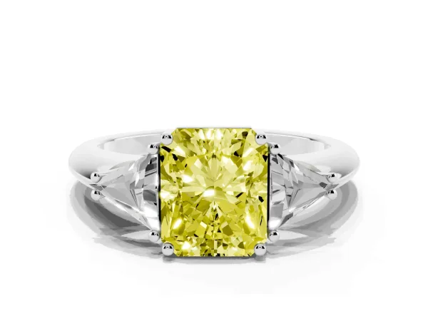 Fancy Yellow Three-Stone Radiant Cut Diamond Engagement Ring with Trillion Side Stones and Prong Setting Platinum