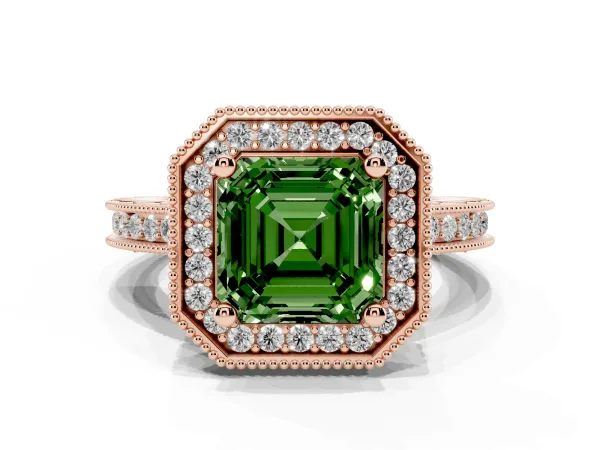 Fancy Green Asscher Cut Diamond Milgrain Halo Engagement Ring with Round Pavé Band and Prong Setting Rose gold